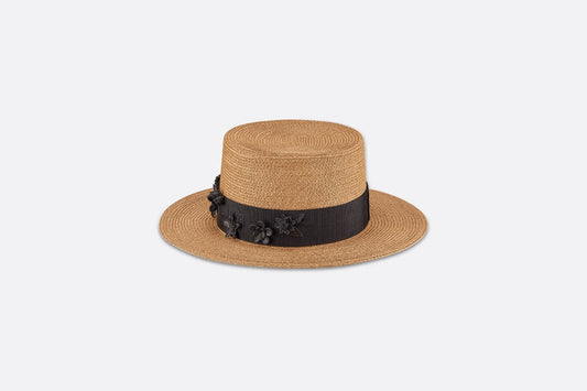Diorodeo Small Brim Hat • Natural Straw and Black Smooth Calfskin with Three-Dimensional Flowers