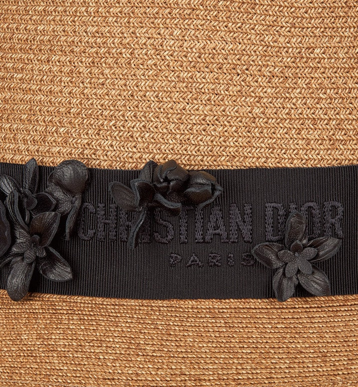 Diorodeo Small Brim Hat • Natural Straw and Black Smooth Calfskin with Three-Dimensional Flowers