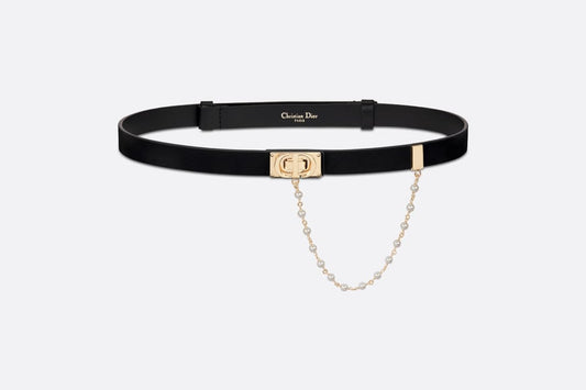 Dior Caro Belt • Black Smooth Calfskin and White Glass Pearls, 20 MM