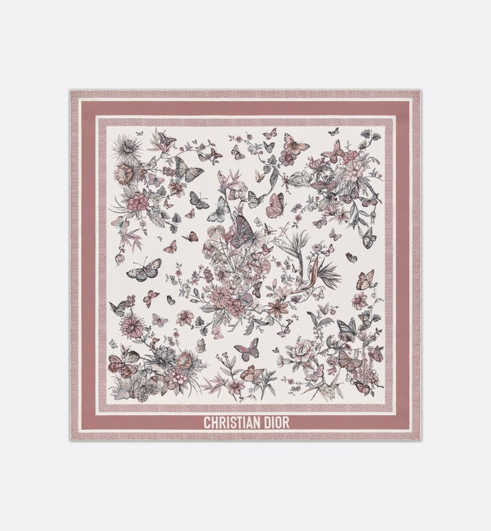 Toile de Jouy Mexico 90 Square Scarf • White and Pastel Pink Silk Twill
