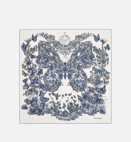 Butterfly Around the World 90 Square Scarf • White and Pastel Midnight Blue Silk Twill
