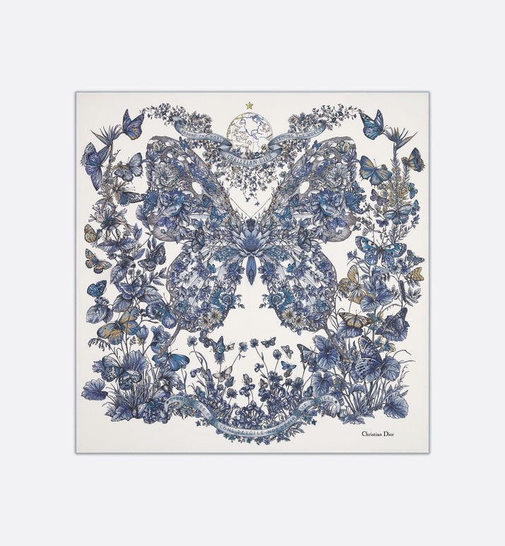 Butterfly Around the World 90 Square Scarf • White and Pastel Midnight Blue Silk Twill