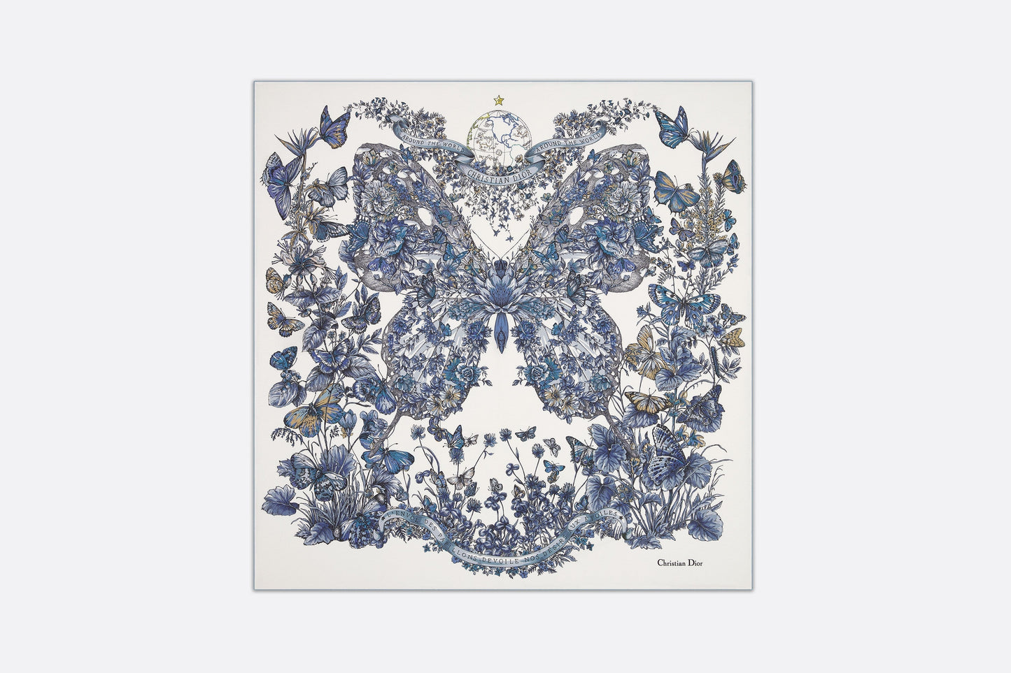 Butterfly Around the World 90 Square Scarf • White and Pastel Midnight Blue Silk Twill