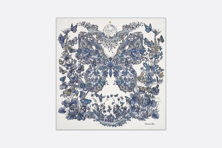 Butterfly Around the World 90 Square Scarf • White and Pastel Midnight Blue Silk Twill