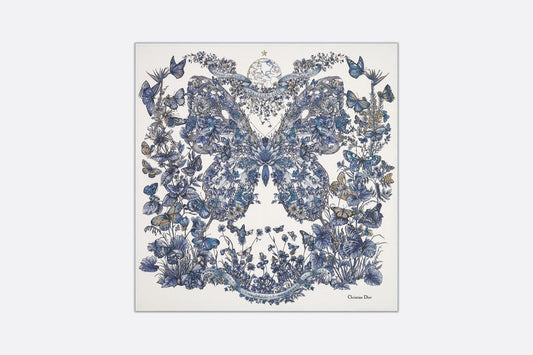 Butterfly Around the World 90 Square Scarf • White and Pastel Midnight Blue Silk Twill