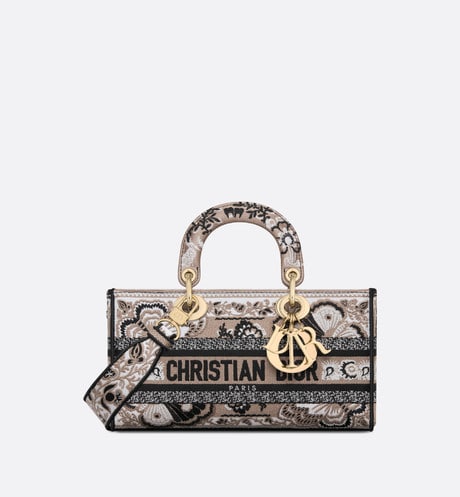 Medium Lady D-Joy Bag • Beige Multicolor Butterfly Bandana Embroidery