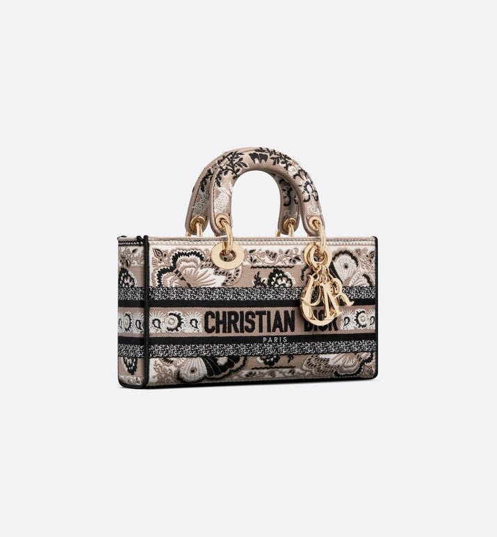 Medium Lady D-Joy Bag • Beige Multicolor Butterfly Bandana Embroidery