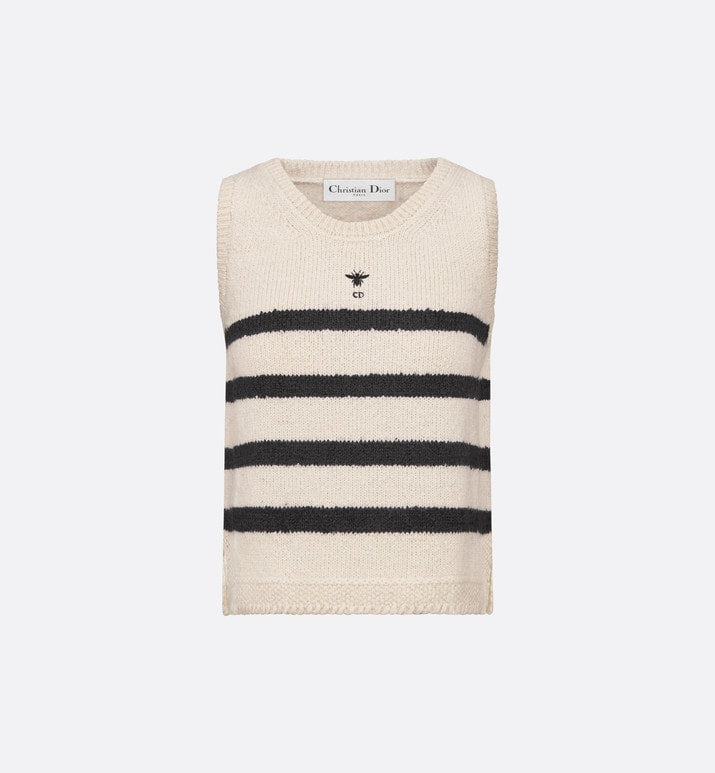 Dior Marinière Sleeveless Sweater • White and Black Cotton, Wool and Mohair Technical Knit with D-Stripes Motif