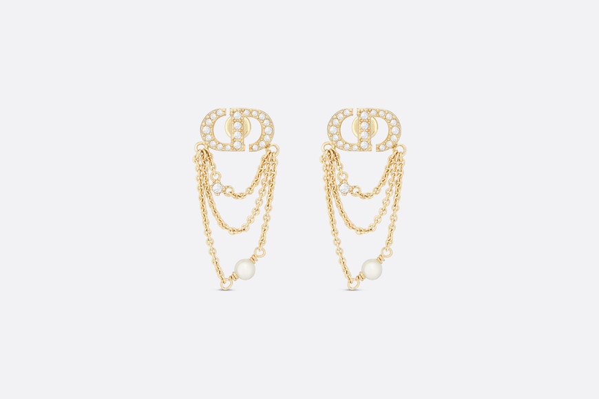 Petit CD Earrings • Gold-Finish Metal with White Resin Pearls and Silver-Tone Crystals