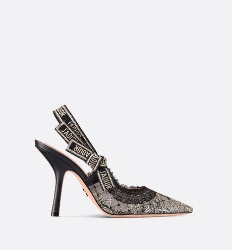 J'Adior Slingback Pump • Transparent Mesh Embroidered with Black and Gold-Tone Butterfly Motif and Metallic Thread