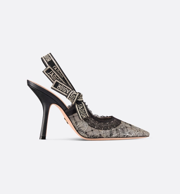 J'Adior Slingback Pump • Transparent Mesh Embroidered with Black and Gold-Tone Butterfly Motif and Metallic Thread