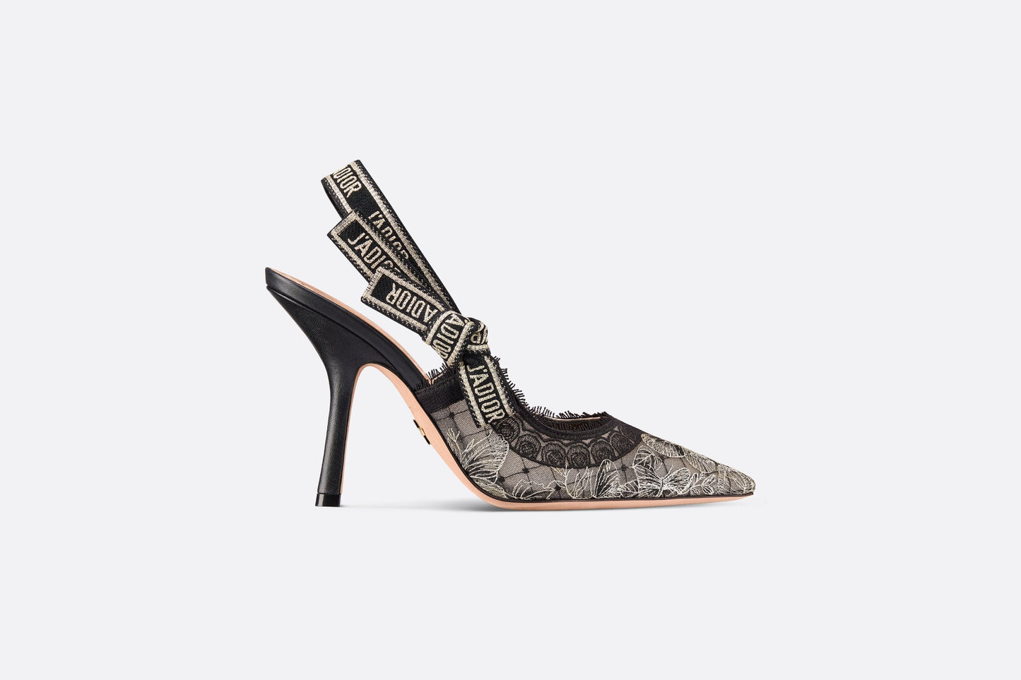 J'Adior Slingback Pump • Transparent Mesh Embroidered with Black and Gold-Tone Butterfly Motif and Metallic Thread