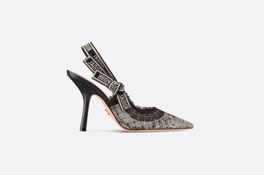 J'Adior Slingback Pump • Transparent Mesh Embroidered with Black and Gold-Tone Butterfly Motif and Metallic Thread