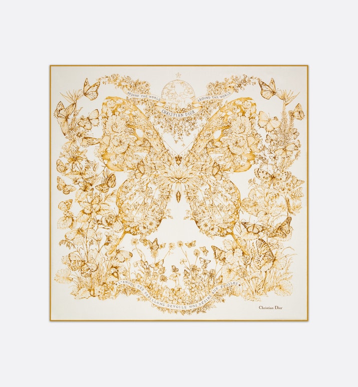 Butterfly Around the World 90 Square Scarf • White and Gold-Tone Silk Twill