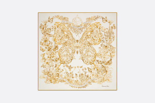Butterfly Around the World 90 Square Scarf • White and Gold-Tone Silk Twill