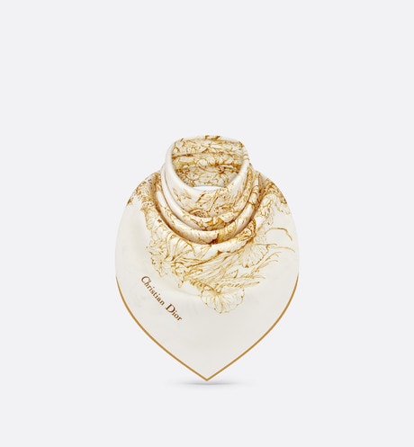 Butterfly Around the World 90 Square Scarf • White and Gold-Tone Silk Twill