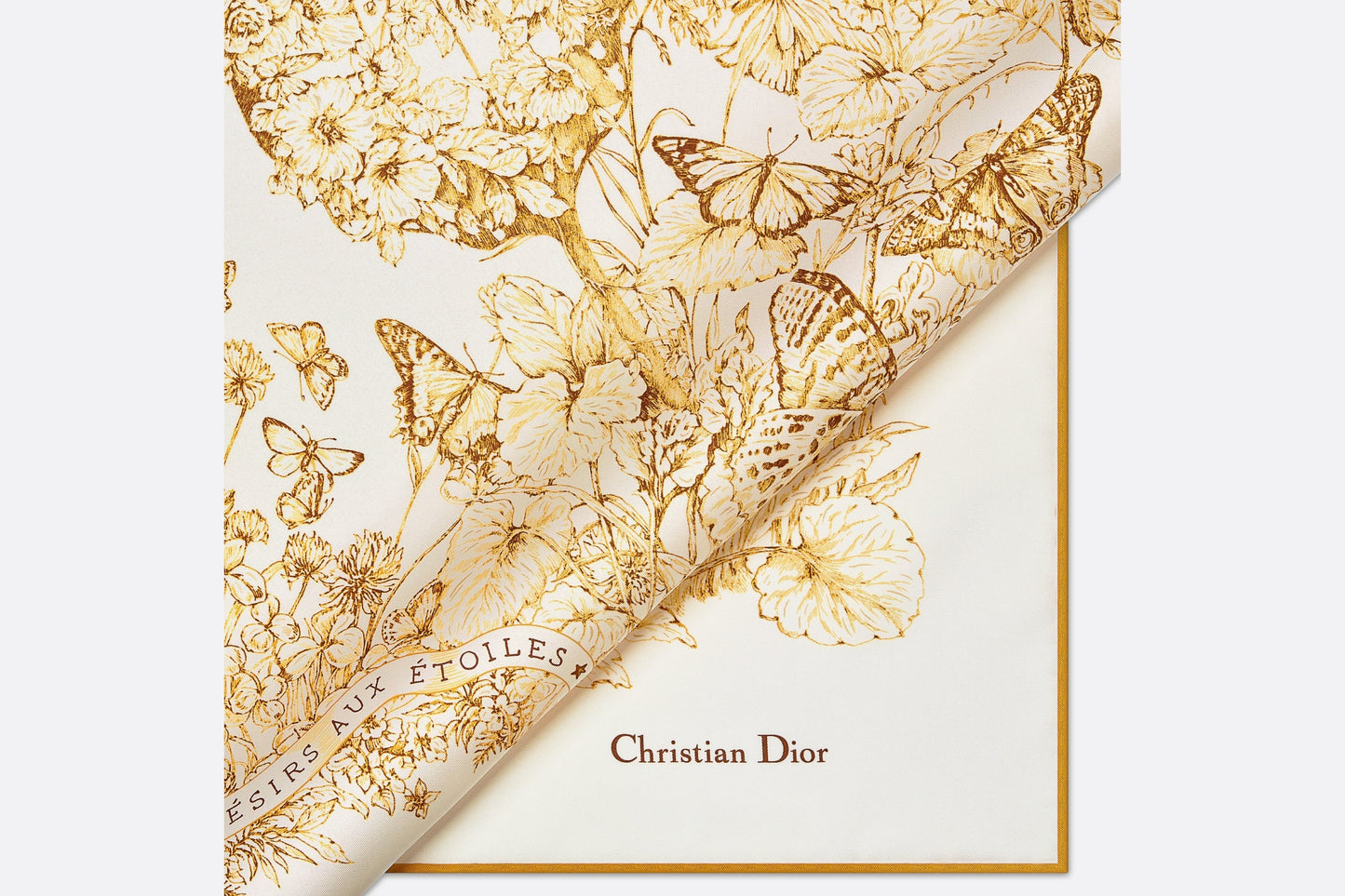 Butterfly Around the World 90 Square Scarf • White and Gold-Tone Silk Twill