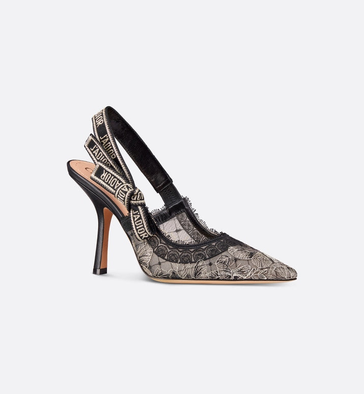 J'Adior Slingback Pump • Transparent Mesh Embroidered with Black and Gold-Tone Butterfly Motif and Metallic Thread