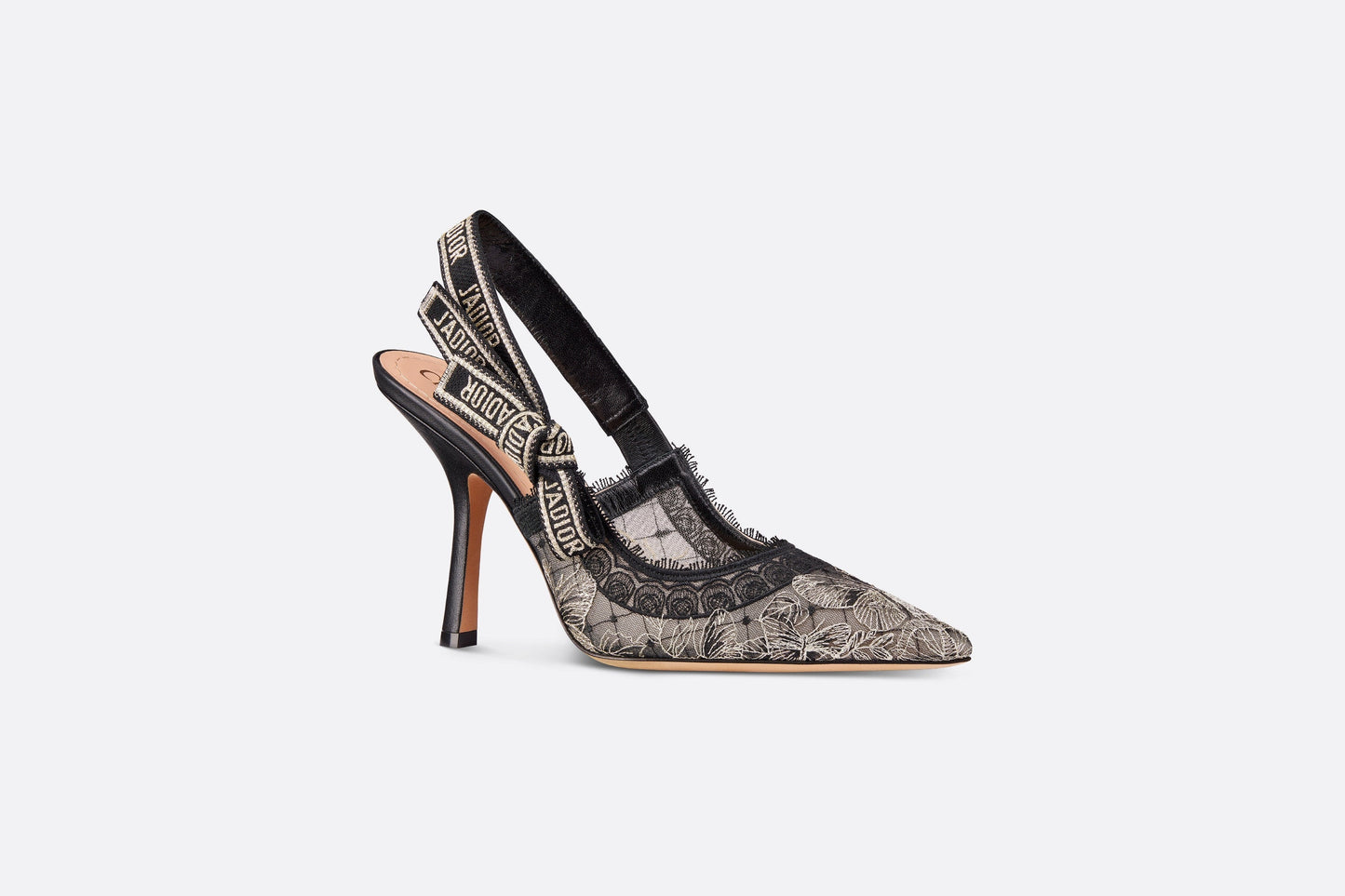 J'Adior Slingback Pump • Transparent Mesh Embroidered with Black and Gold-Tone Butterfly Motif and Metallic Thread