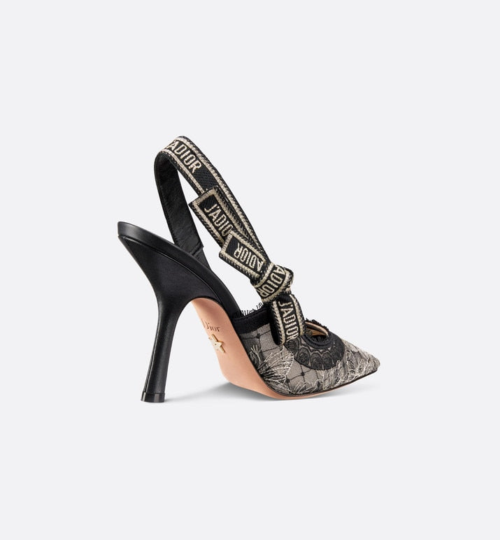 J'Adior Slingback Pump • Transparent Mesh Embroidered with Black and Gold-Tone Butterfly Motif and Metallic Thread