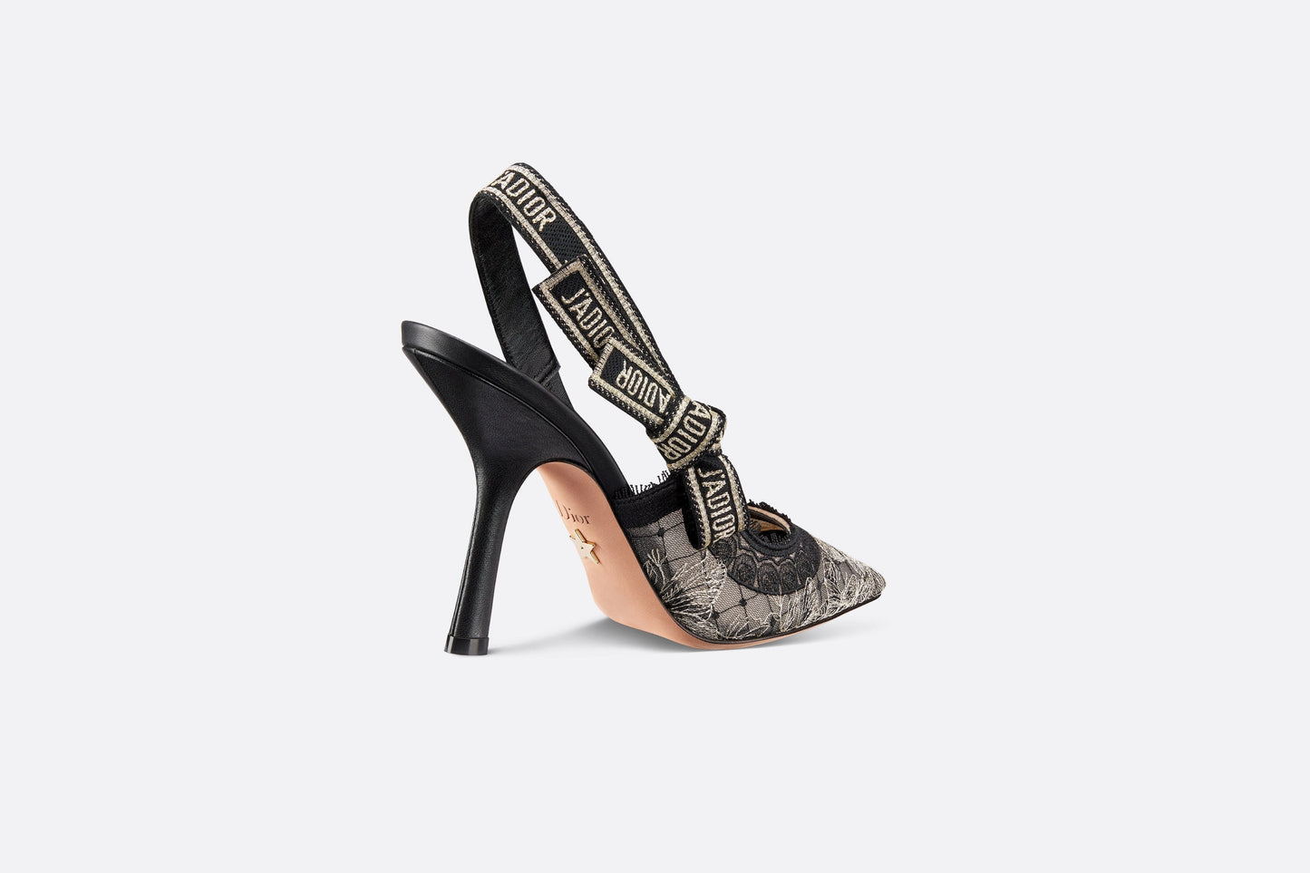 J'Adior Slingback Pump • Transparent Mesh Embroidered with Black and Gold-Tone Butterfly Motif and Metallic Thread