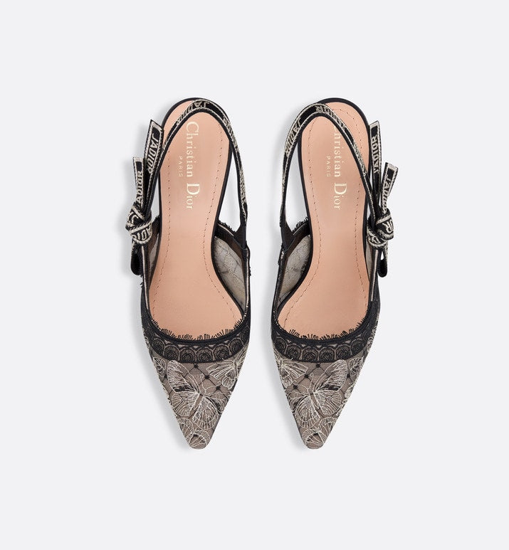 J'Adior Slingback Pump • Transparent Mesh Embroidered with Black and Gold-Tone Butterfly Motif and Metallic Thread