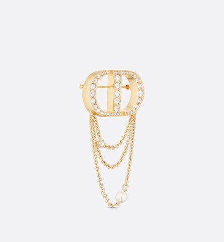 Petit CD Brooch • Gold-Finish Metal with a White Resin Pearl and Silver-Tone Crystals