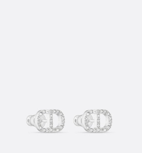 Petit CD Mini Stud Earrings • Silver-Finish Metal with White Crystals