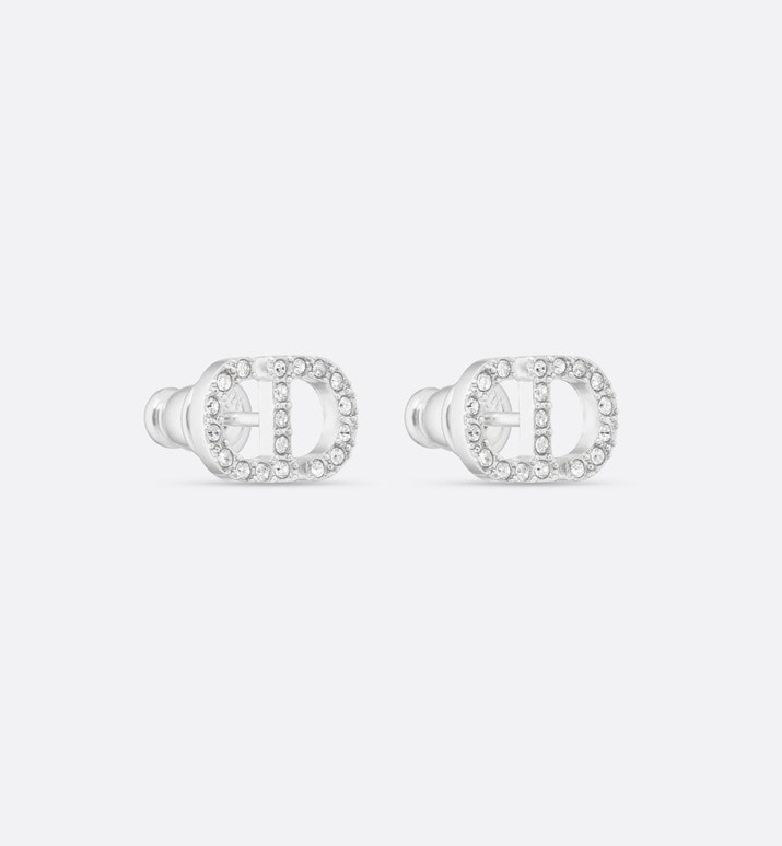 Petit CD Mini Stud Earrings • Silver-Finish Metal with White Crystals
