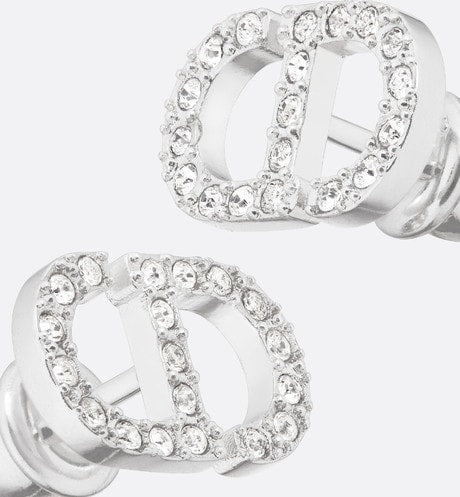 Petit CD Mini Stud Earrings • Silver-Finish Metal with White Crystals