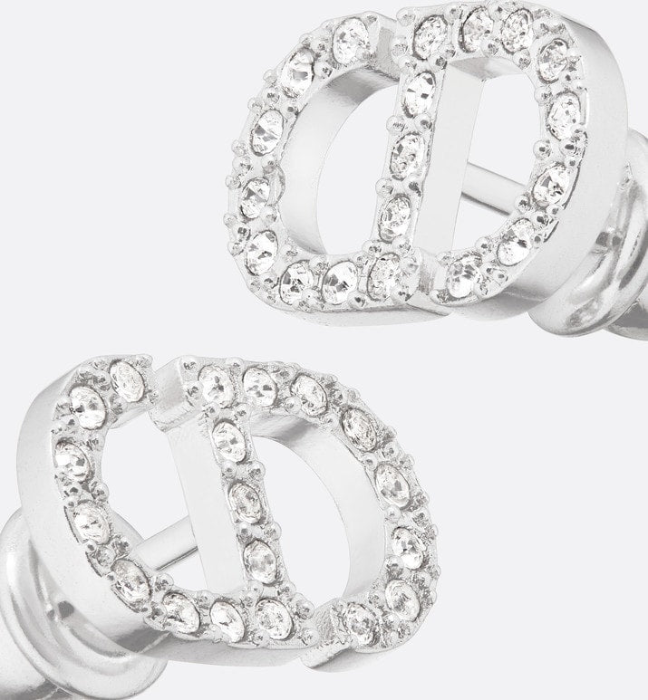 Petit CD Mini Stud Earrings • Silver-Finish Metal with White Crystals