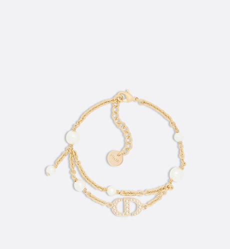 Petit CD Bracelet • Gold-Finish Metal with White Resin Pearls and Silver-Tone Crystals