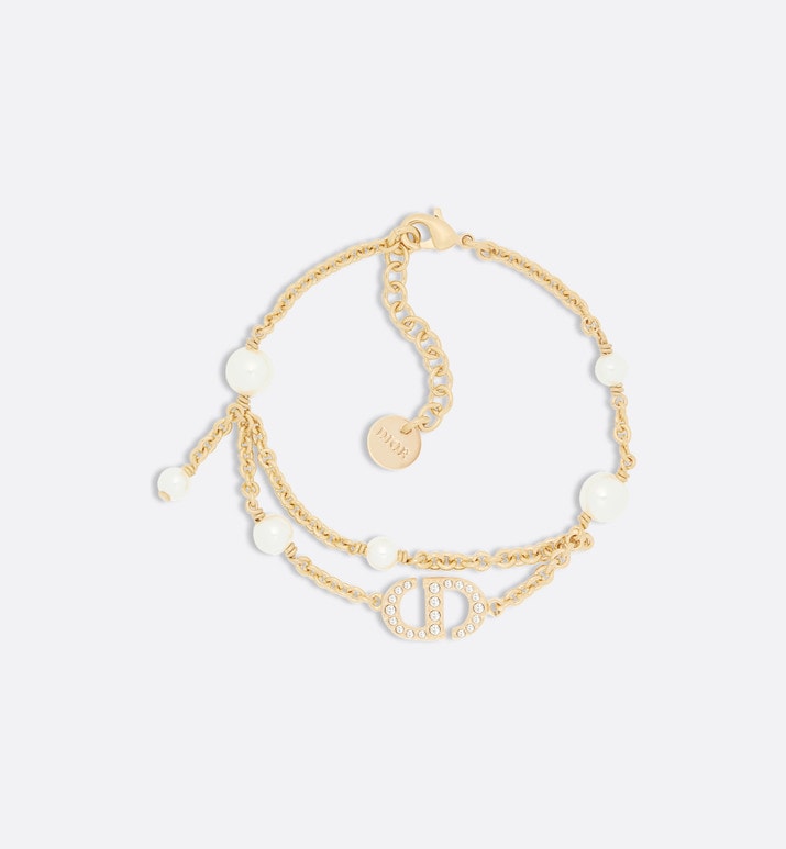 Petit CD Bracelet • Gold-Finish Metal with White Resin Pearls and Silver-Tone Crystals