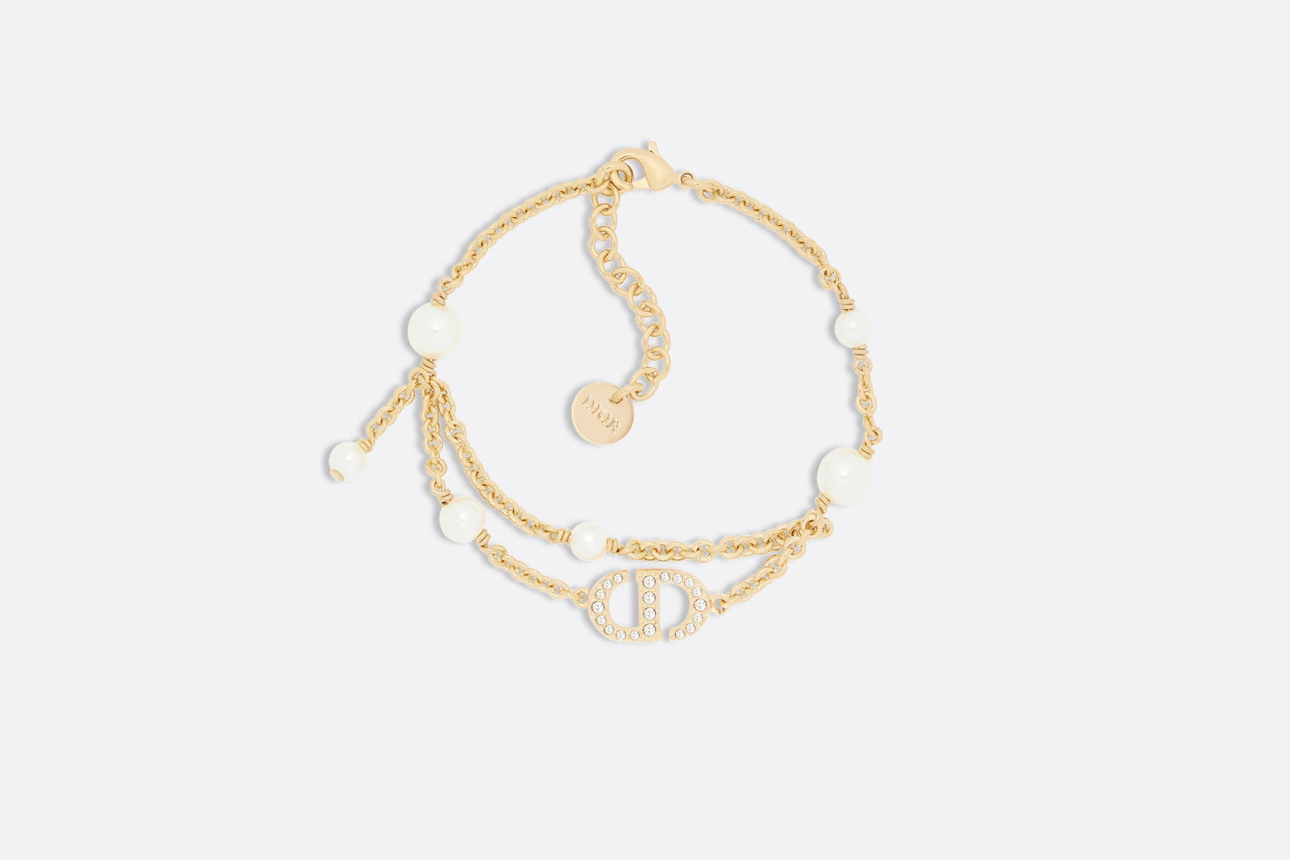 Petit CD Bracelet • Gold-Finish Metal with White Resin Pearls and Silver-Tone Crystals