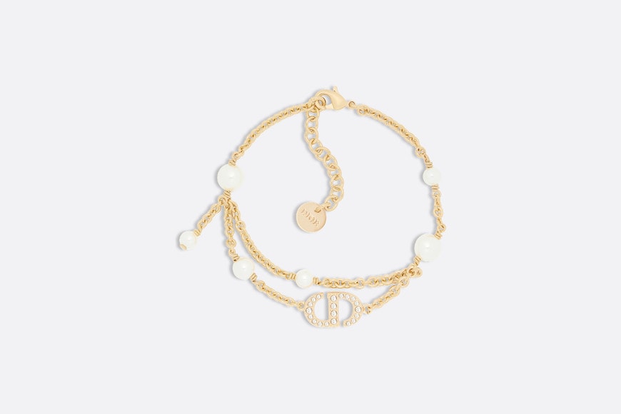 Petit CD Bracelet • Gold-Finish Metal with White Resin Pearls and Silver-Tone Crystals