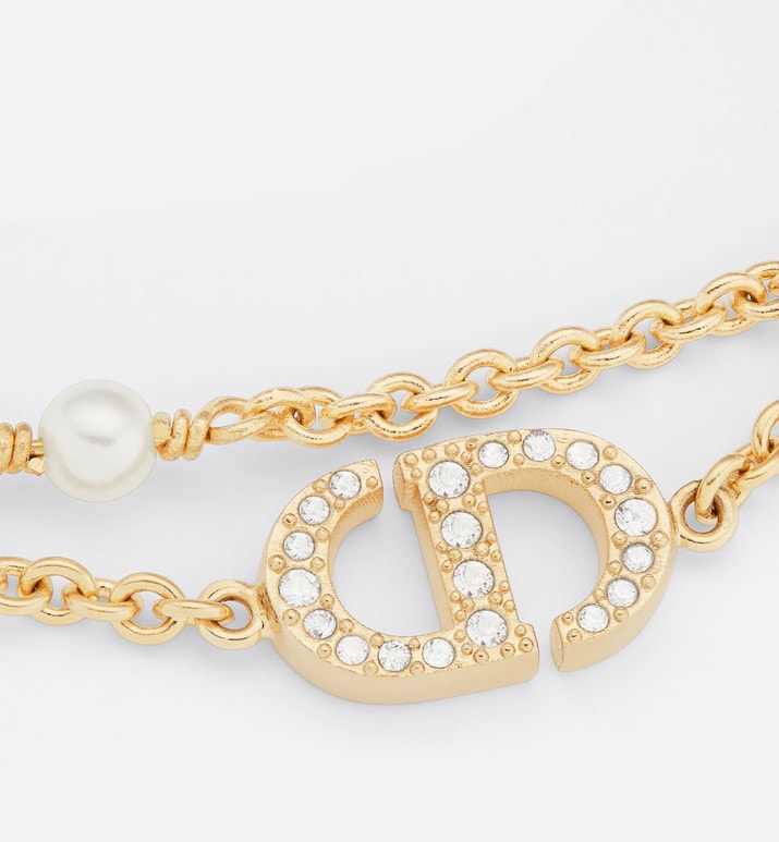 Petit CD Bracelet • Gold-Finish Metal with White Resin Pearls and Silver-Tone Crystals