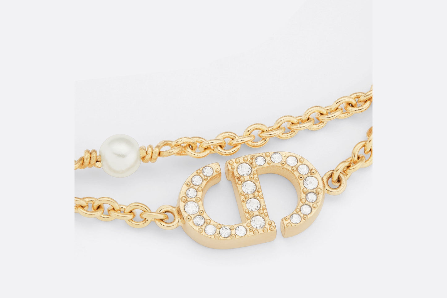 Petit CD Bracelet • Gold-Finish Metal with White Resin Pearls and Silver-Tone Crystals