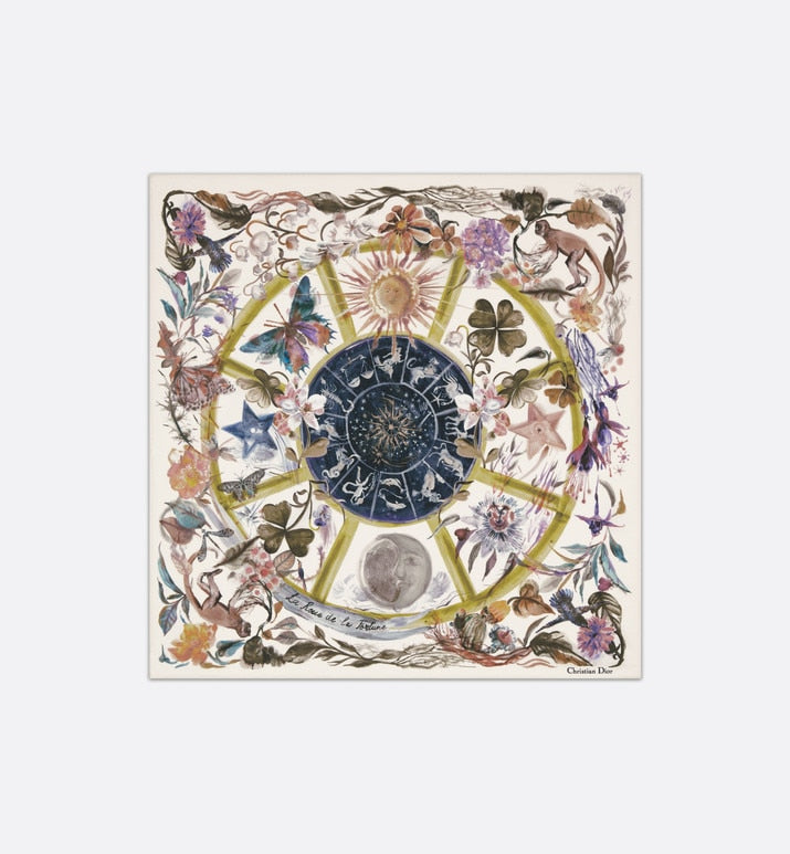 La Roue de la Fortune Tarot 70 Square Scarf • White Multicolor Silk Twill