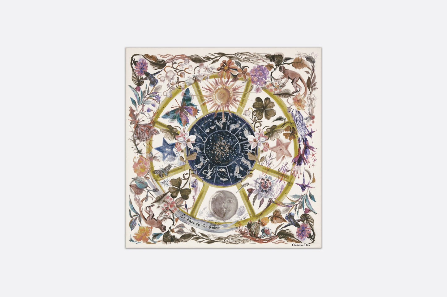 La Roue de la Fortune Tarot 70 Square Scarf • White Multicolor Silk Twill