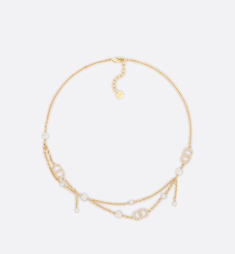 Petit CD Necklace • Gold-Finish Metal with White Resin Pearls and Silver-Tone Crystals