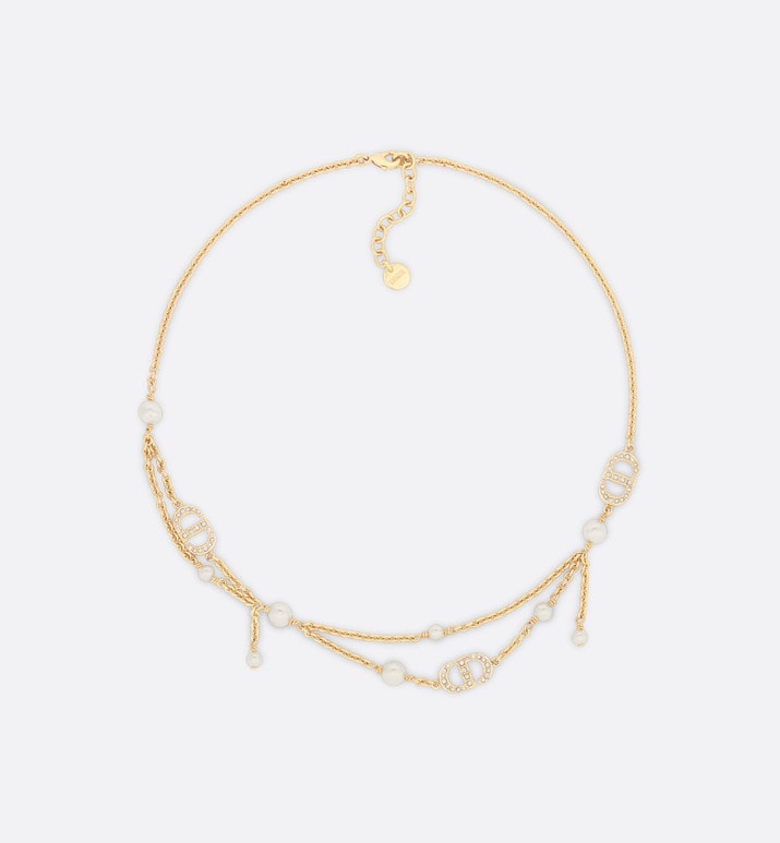 Petit CD Necklace • Gold-Finish Metal with White Resin Pearls and Silver-Tone Crystals