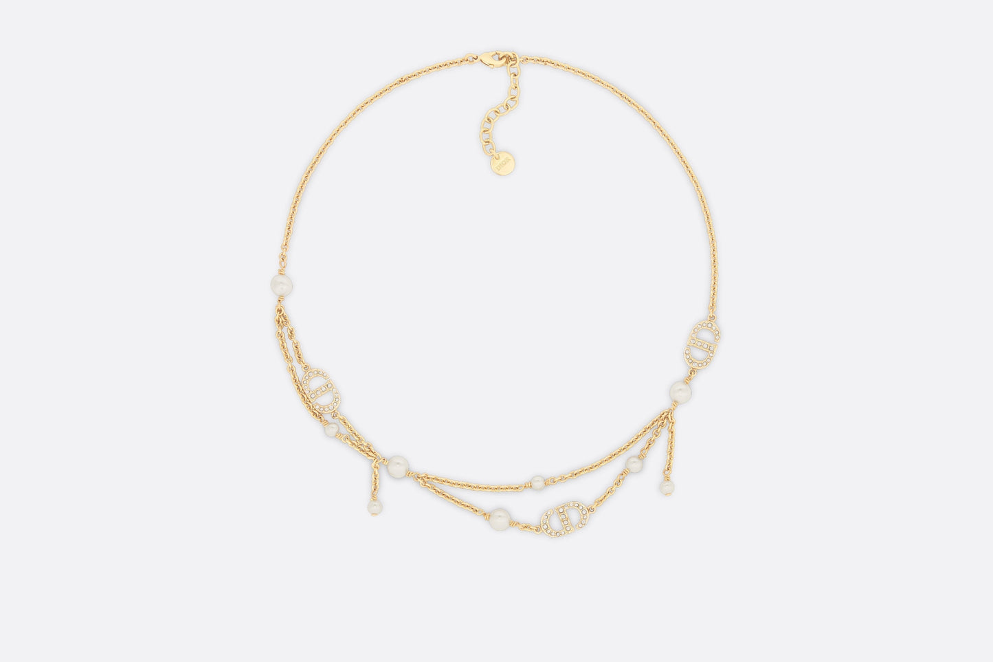Petit CD Necklace • Gold-Finish Metal with White Resin Pearls and Silver-Tone Crystals