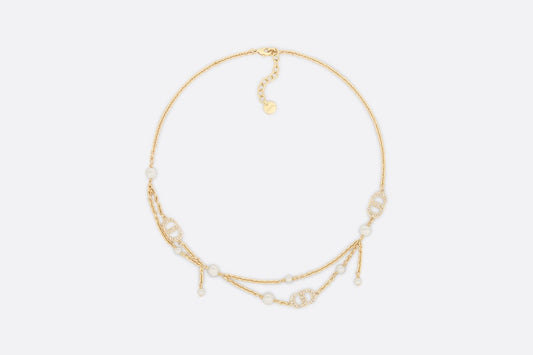 Petit CD Necklace • Gold-Finish Metal with White Resin Pearls and Silver-Tone Crystals