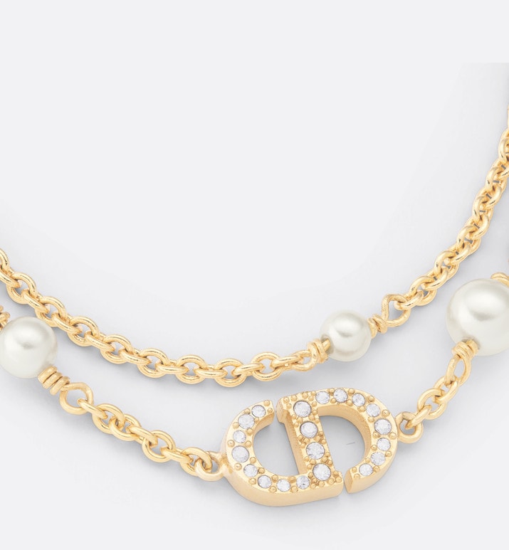 Petit CD Necklace • Gold-Finish Metal with White Resin Pearls and Silver-Tone Crystals