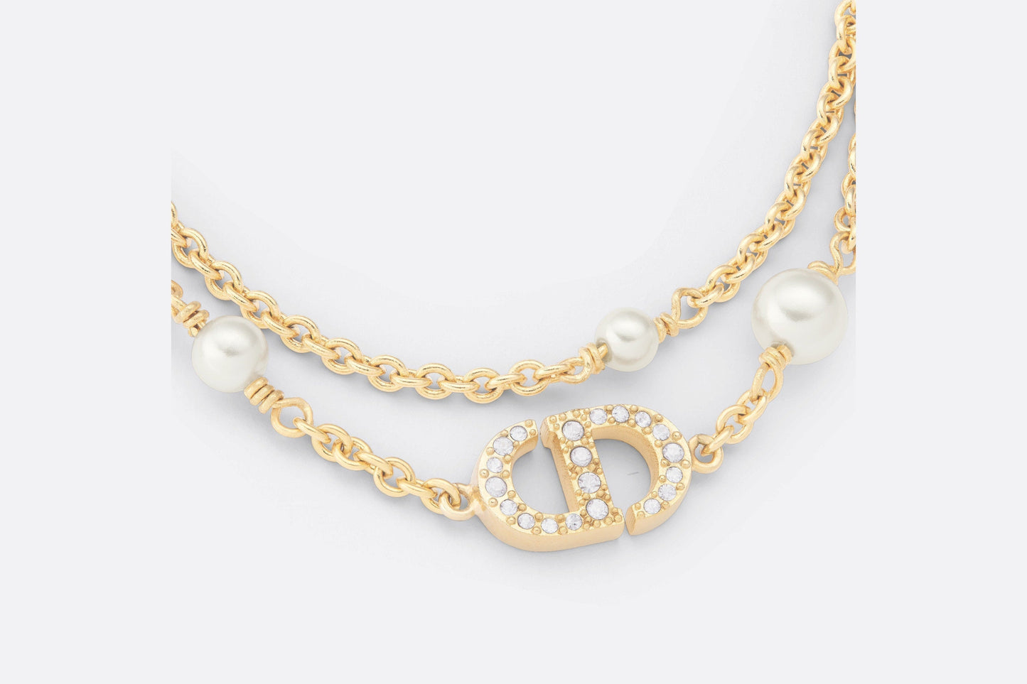 Petit CD Necklace • Gold-Finish Metal with White Resin Pearls and Silver-Tone Crystals
