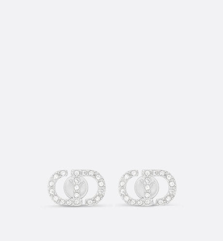 Petit CD Mini Stud Earrings • Silver-Finish Metal with White Crystals