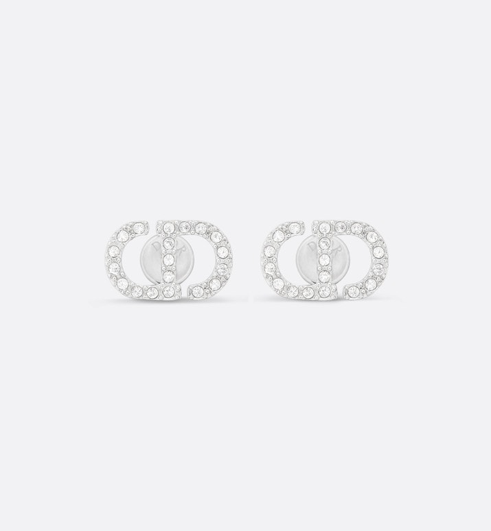 Petit CD Mini Stud Earrings • Silver-Finish Metal with White Crystals