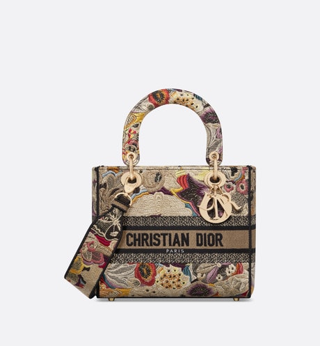 Medium Lady D-Lite Bag • Beige Multicolor Brocart Butterfly Embroidery