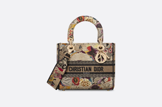 Medium Lady D-Lite Bag • Beige Multicolor Brocart Butterfly Embroidery