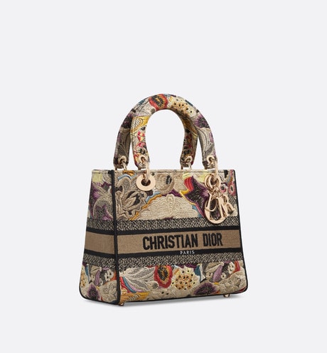 Medium Lady D-Lite Bag • Beige Multicolor Brocart Butterfly Embroidery